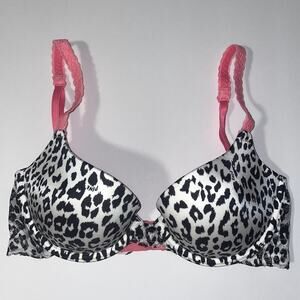 Victoria's Secret PINK Bra 32C White Black Animal Print Leopard Lightly Lined